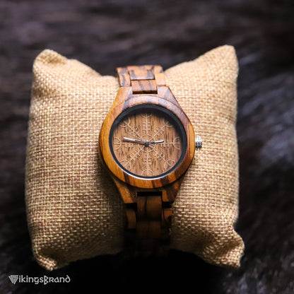 Viking Shieldmaiden Wooden Watch (for Women) with Helm of Awe Dial