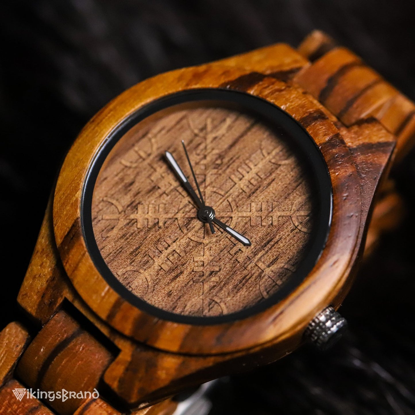Viking Shieldmaiden Wooden Watch (for Women) with Helm of Awe Dial