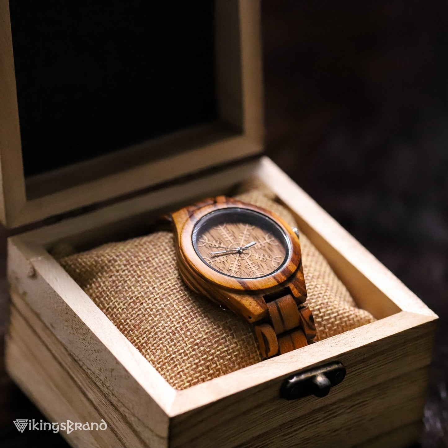 Viking Shieldmaiden Wooden Watch (for Women) with Helm of Awe Dial