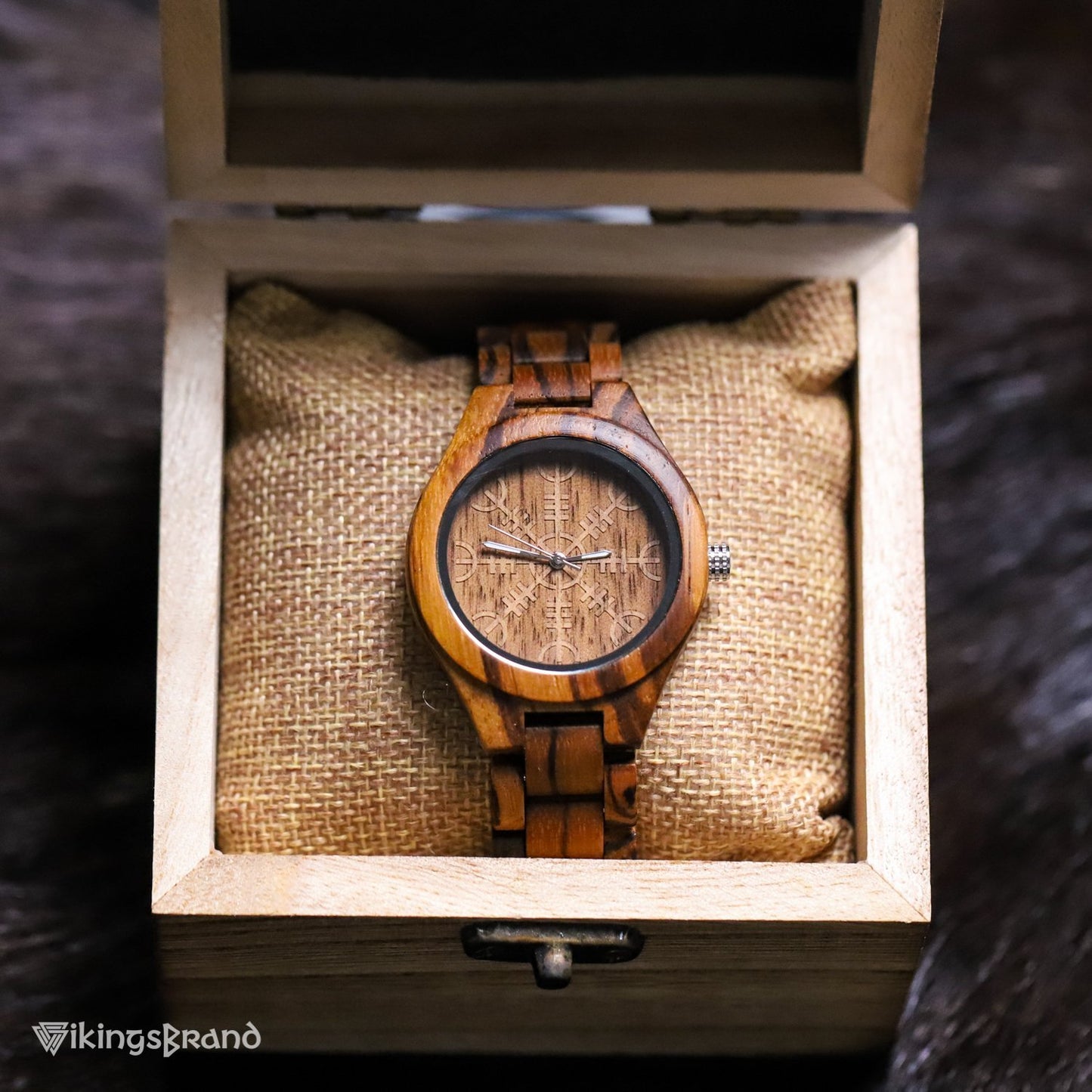 Viking Shieldmaiden Wooden Watch (for Women) with Helm of Awe Dial