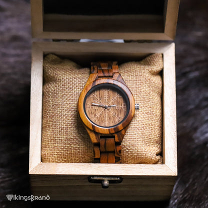 Viking Shieldmaiden Wooden Watch (for Women) with Helm of Awe Dial