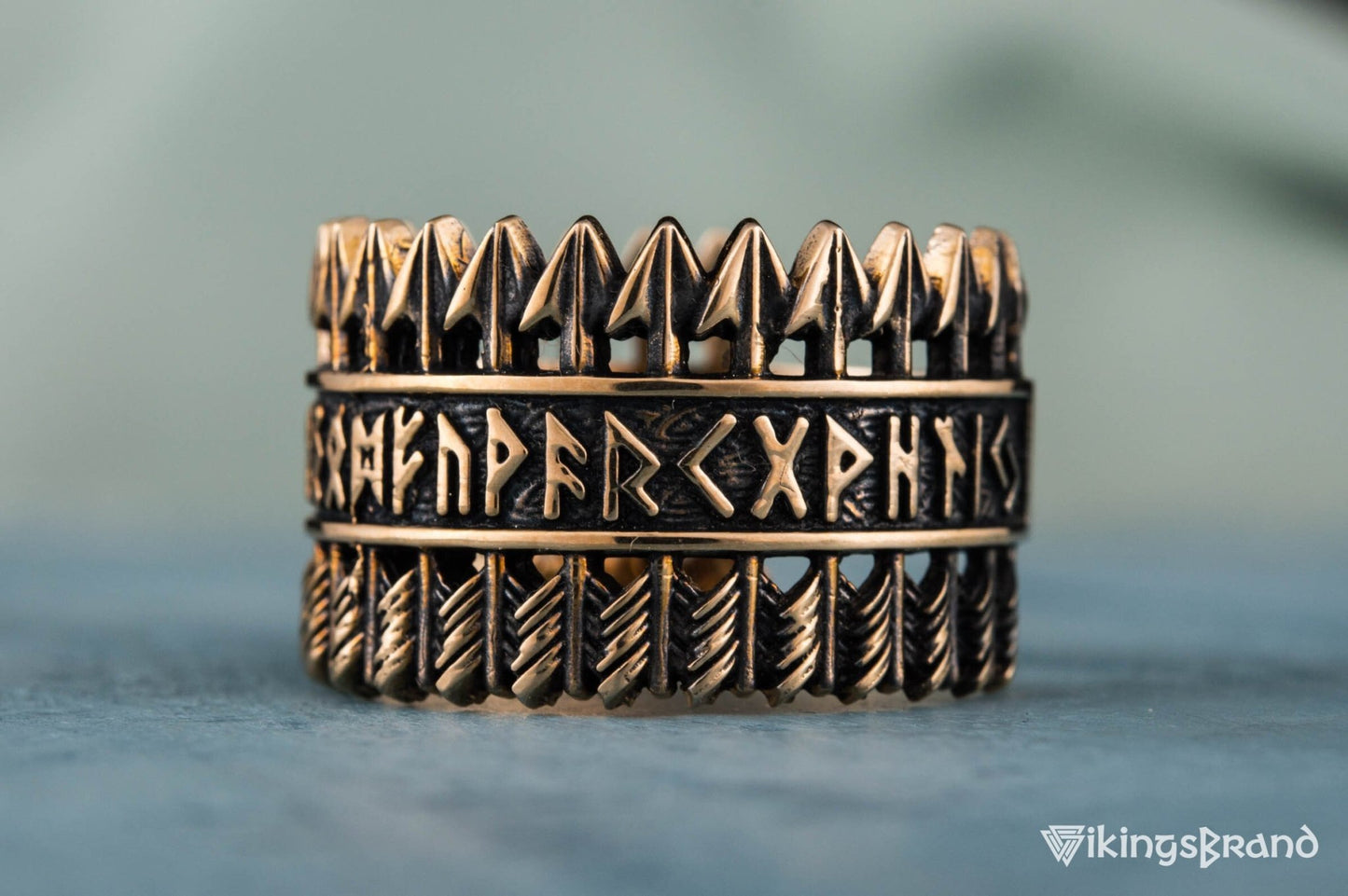 Vikings Arrows Ring with Elder Futhark Runes Bronze Viking Jewelry