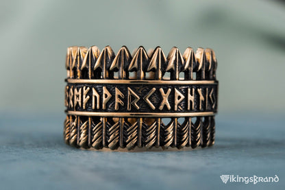 Vikings Arrows Ring with Elder Futhark Runes Bronze Viking Jewelry