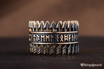 Vikings Arrows Ring with Elder Futhark Runes Bronze Viking Jewelry