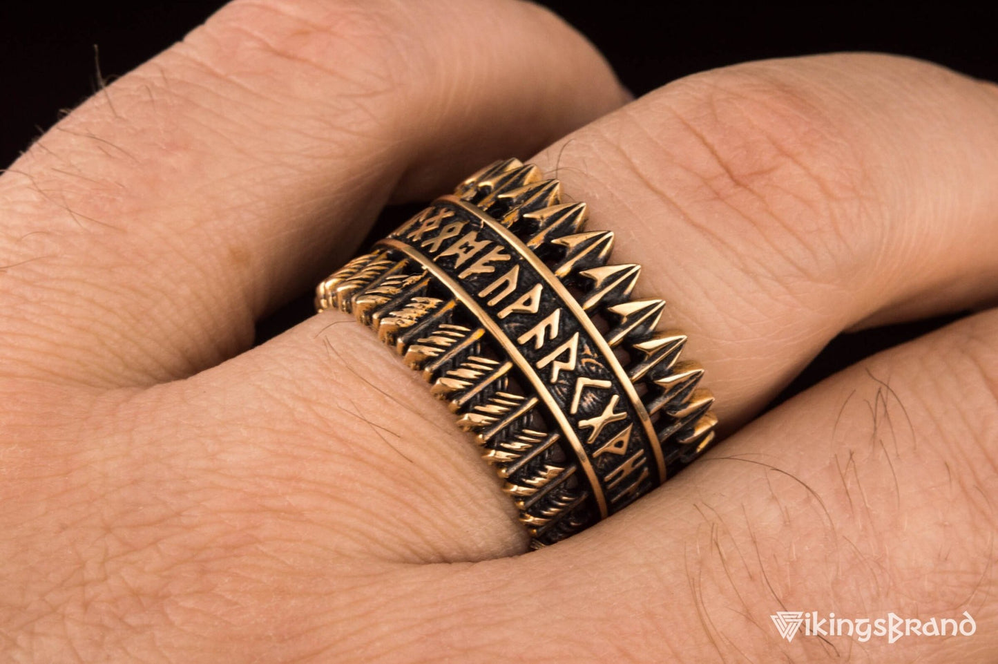 Vikings Arrows Ring with Elder Futhark Runes Bronze Viking Jewelry
