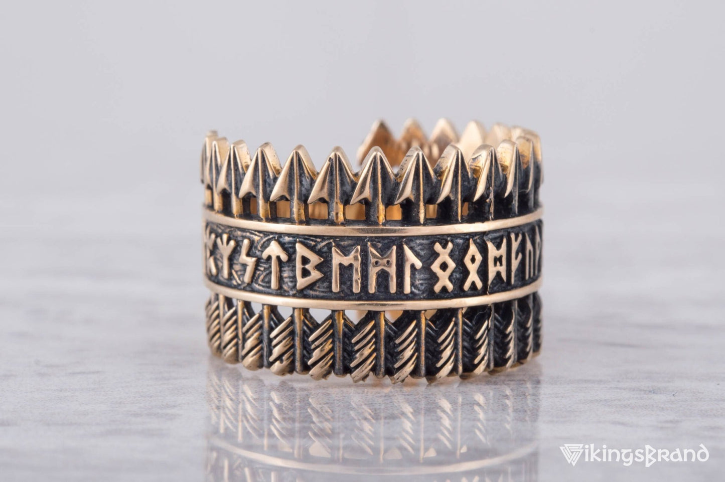 Vikings Arrows Ring with Elder Futhark Runes Bronze Viking Jewelry