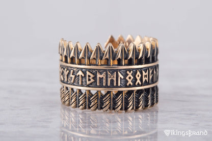 Vikings Arrows Ring with Elder Futhark Runes Bronze Viking Jewelry