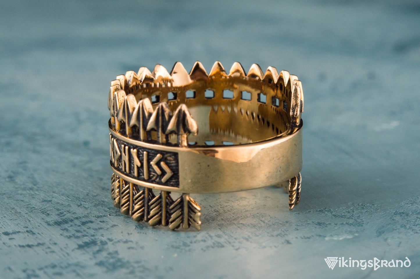 Vikings Arrows Ring with Elder Futhark Runes Bronze Viking Jewelry