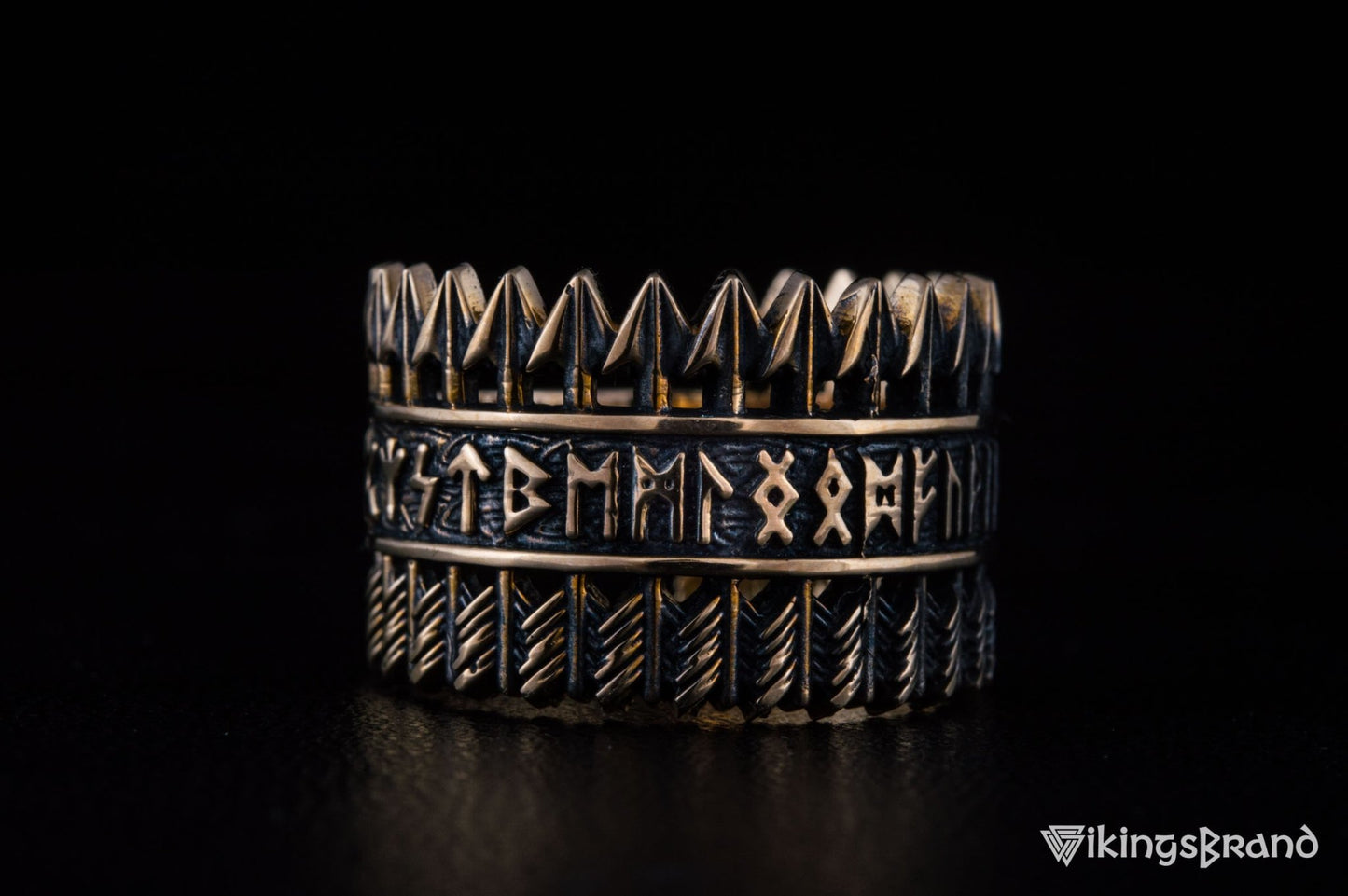 Vikings Arrows Ring with Elder Futhark Runes Bronze Viking Jewelry