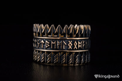 Vikings Arrows Ring with Elder Futhark Runes Bronze Viking Jewelry