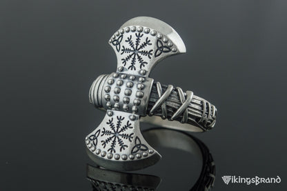 Vikings Axe Ring with Helm of Awe Symbol Sterling Silver Viking Jewelry