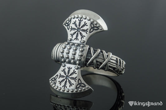 Vikings Axe Ring with Helm of Awe Symbol Sterling Silver Viking Jewelry