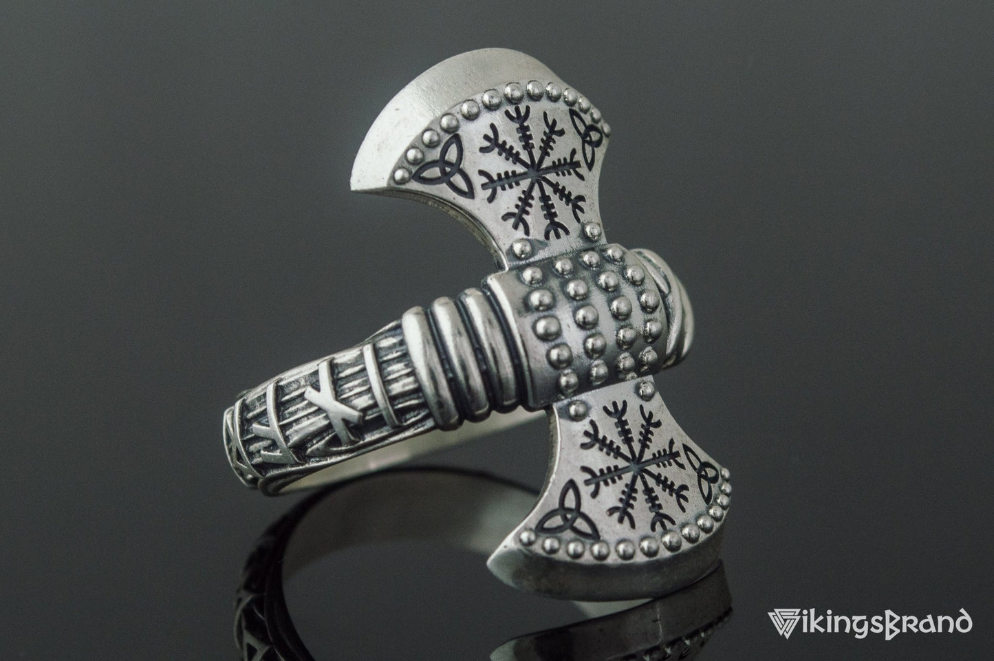 Vikings Axe Ring with Helm of Awe Symbol Sterling Silver Viking Jewelry