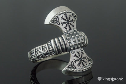 Vikings Axe Ring with Helm of Awe Symbol Sterling Silver Viking Jewelry