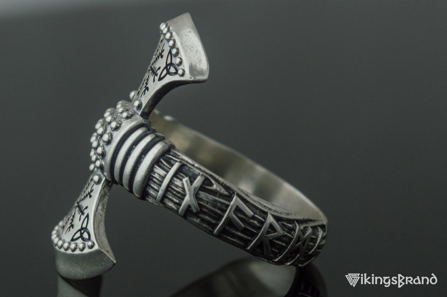 Vikings Axe Ring with Helm of Awe Symbol Sterling Silver Viking Jewelry