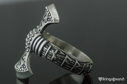 Vikings Axe Ring with Helm of Awe Symbol Sterling Silver Viking Jewelry