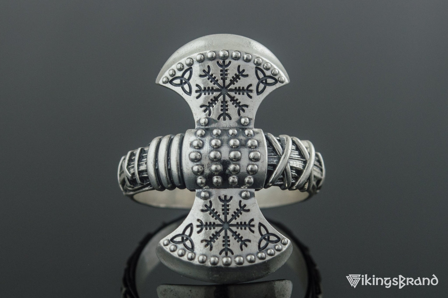 Vikings Axe Ring with Helm of Awe Symbol Sterling Silver Viking Jewelry
