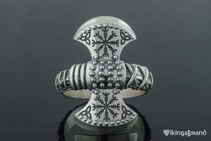 Vikings Axe Ring with Helm of Awe Symbol Sterling Silver Viking Jewelry