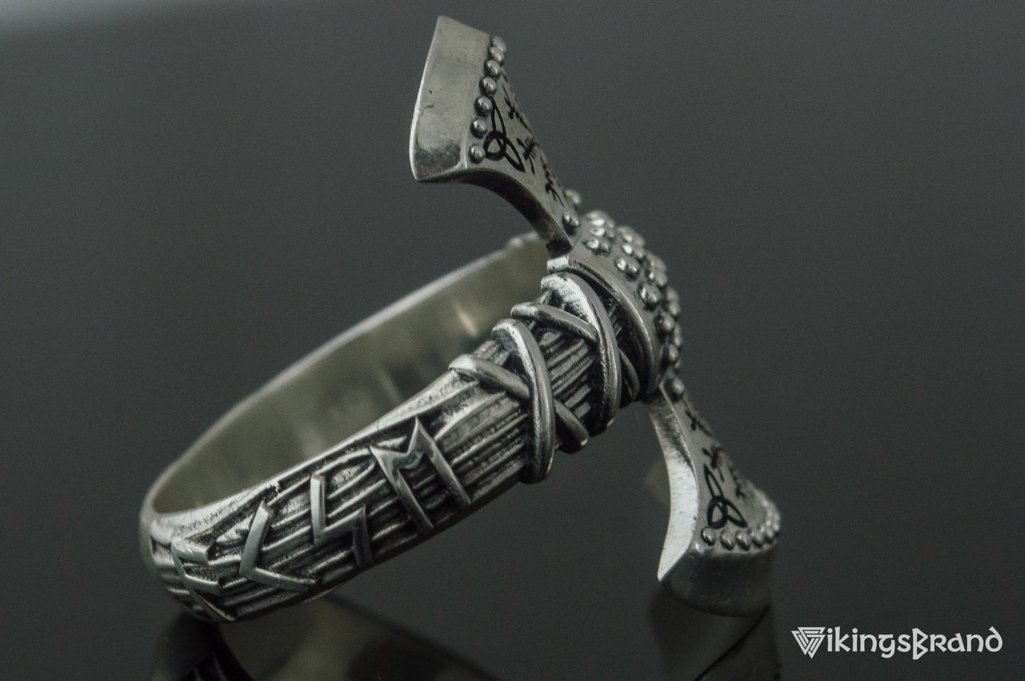 Vikings Axe Ring with Helm of Awe Symbol Sterling Silver Viking Jewelry