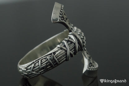 Vikings Axe Ring with Helm of Awe Symbol Sterling Silver Viking Jewelry