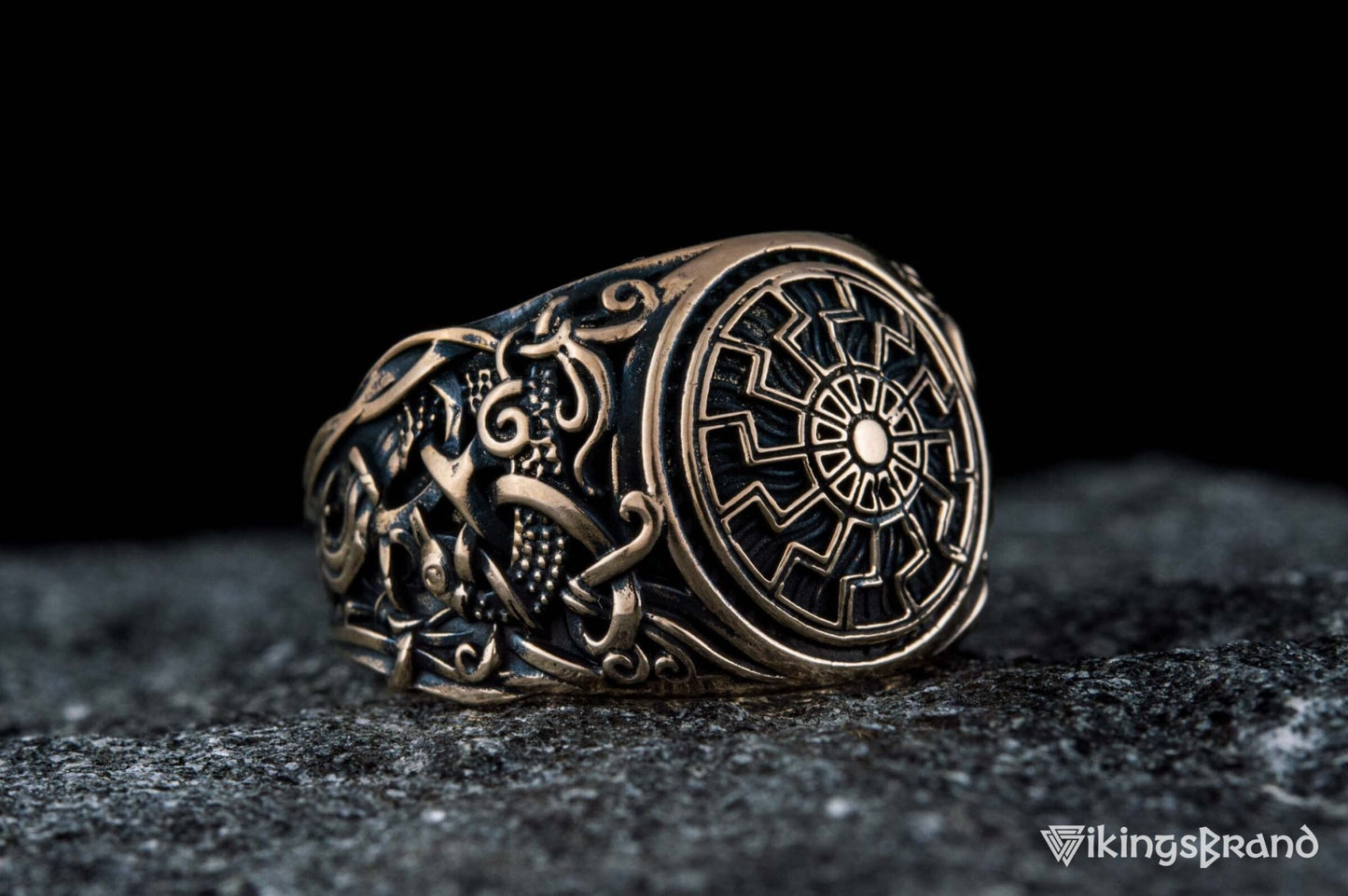Vikings Black Sun Ring with Mammen Ornament Bronze Viking Jewelry