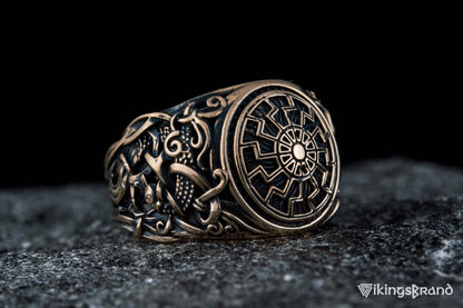 Vikings Black Sun Ring with Mammen Ornament Bronze Viking Jewelry