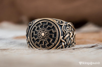 Vikings Black Sun Ring with Mammen Ornament Bronze Viking Jewelry