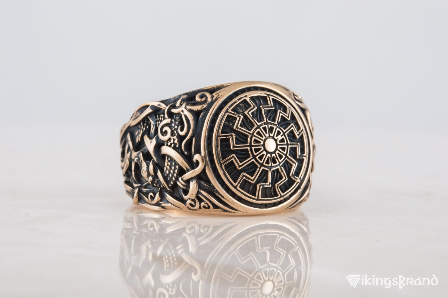 Vikings Black Sun Ring with Mammen Ornament Bronze Viking Jewelry