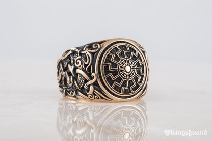 Vikings Black Sun Ring with Mammen Ornament Bronze Viking Jewelry