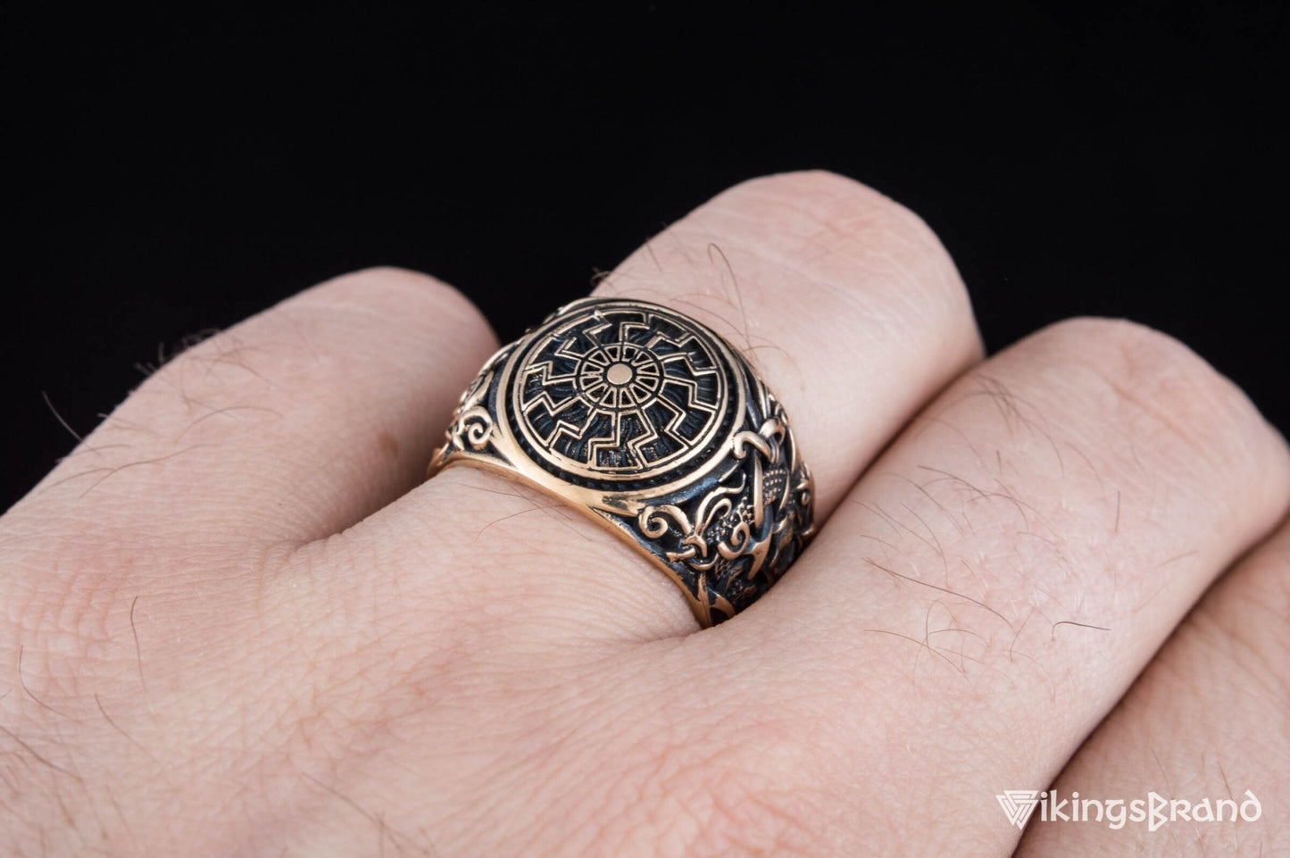Vikings Black Sun Ring with Mammen Ornament Bronze Viking Jewelry