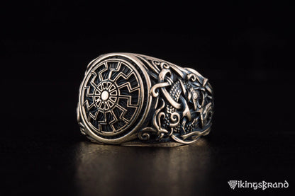 Vikings Black Sun Ring with Mammen Ornament Bronze Viking Jewelry