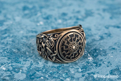 Vikings Black Sun Ring with Mammen Ornament Bronze Viking Jewelry