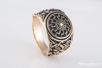 Vikings Black Sun Ring with Mammen Ornament Bronze Viking Jewelry