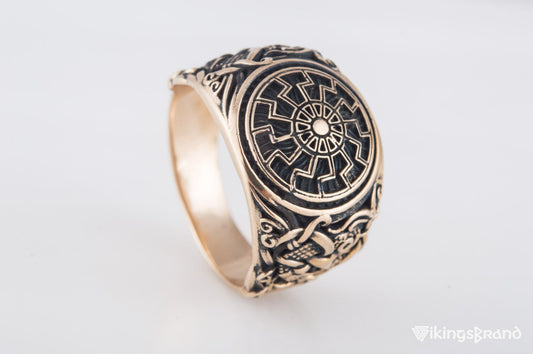 Vikings Black Sun Ring with Mammen Ornament Bronze Viking Jewelry