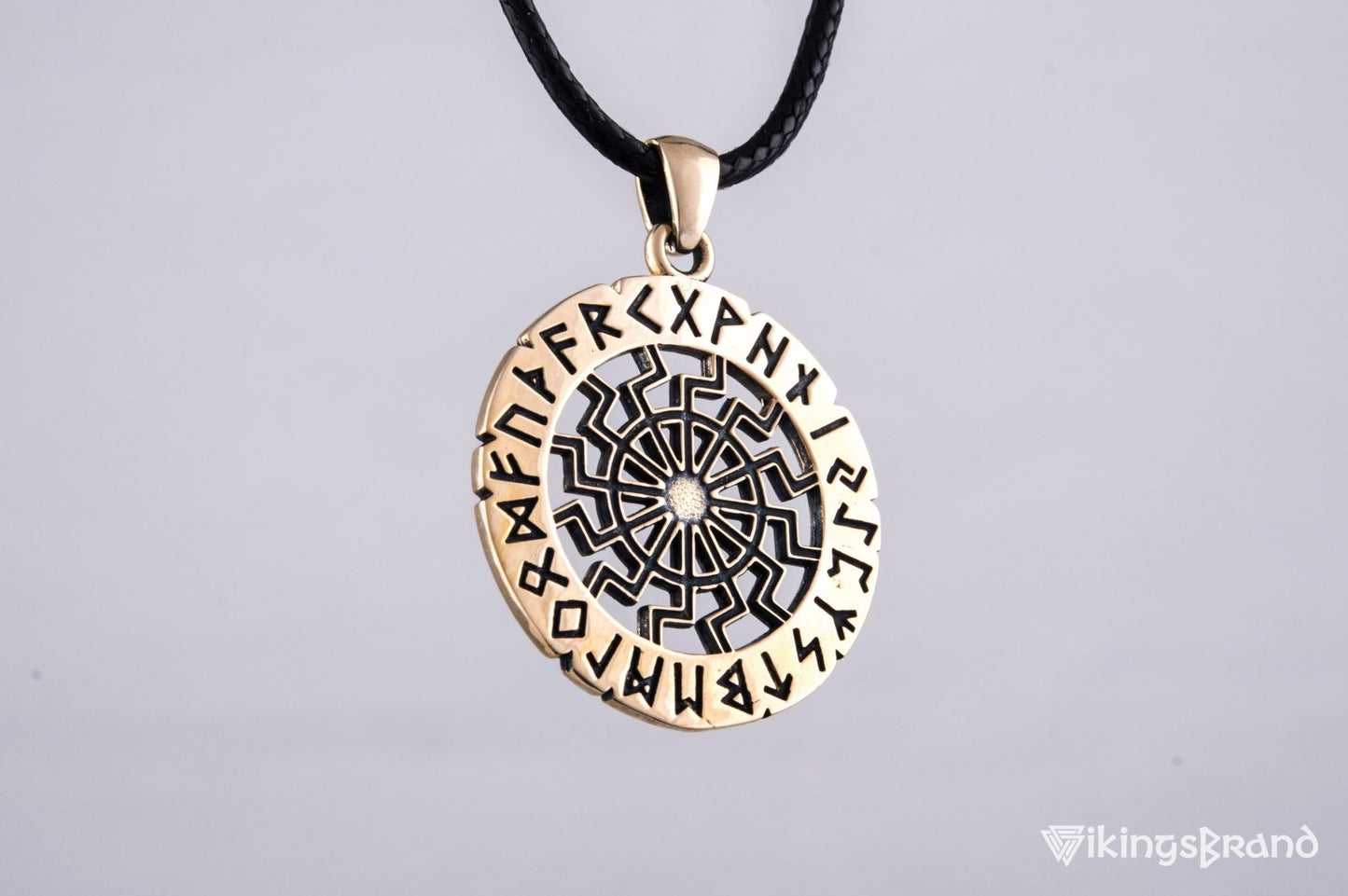 Vikings Black Sun Symbol with Elder Futhark Runes Bronze Pendant