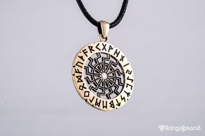 Vikings Black Sun Symbol with Elder Futhark Runes Bronze Pendant