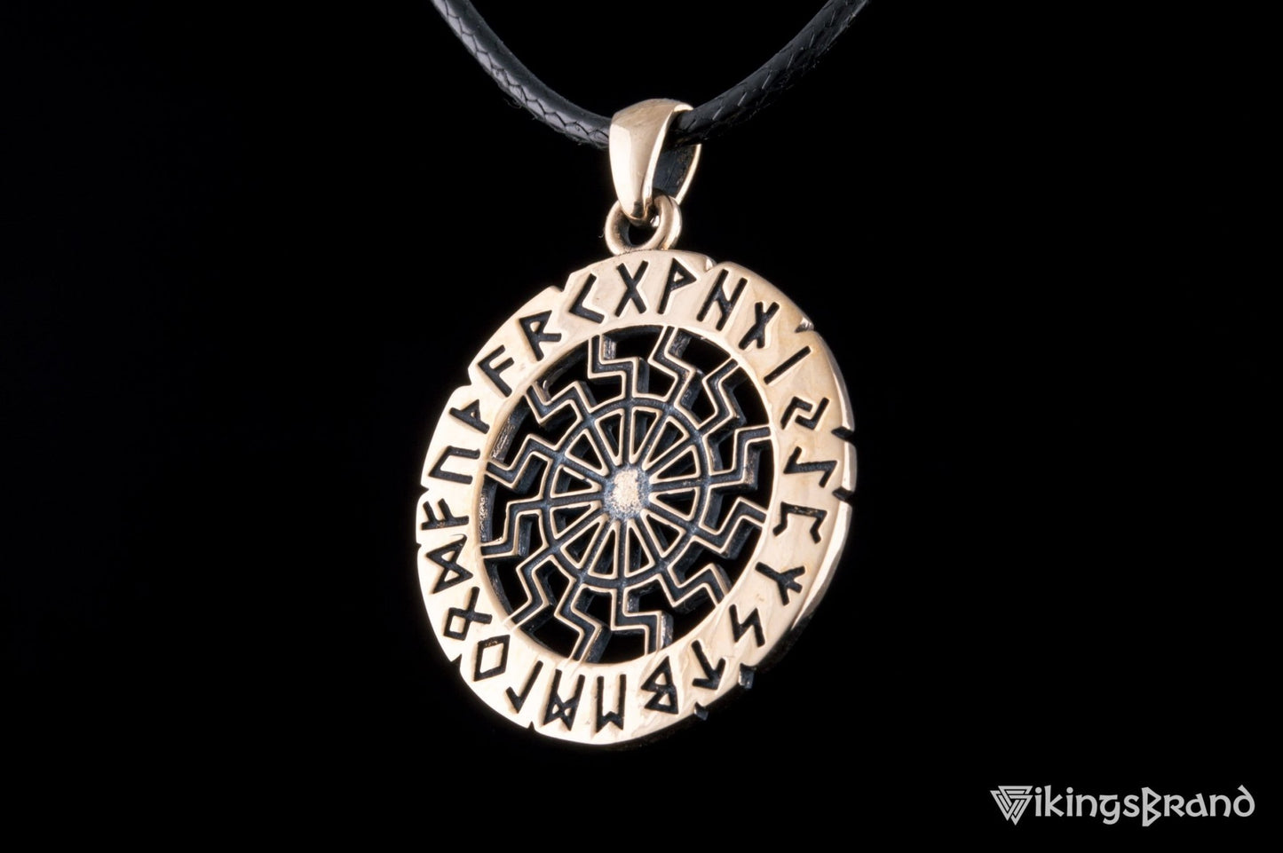 Vikings Black Sun Symbol with Elder Futhark Runes Bronze Pendant