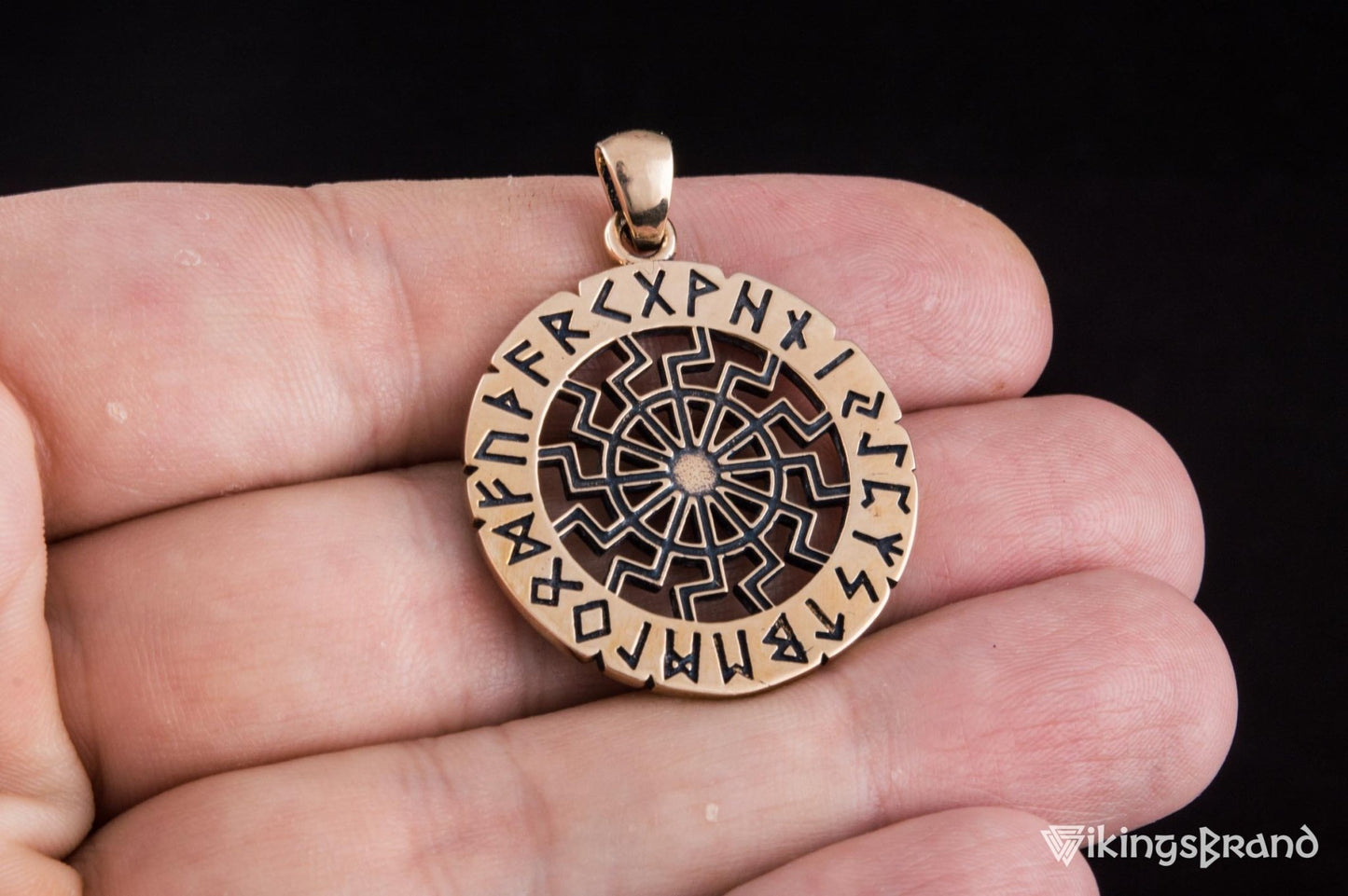Vikings Black Sun Symbol with Elder Futhark Runes Bronze Pendant