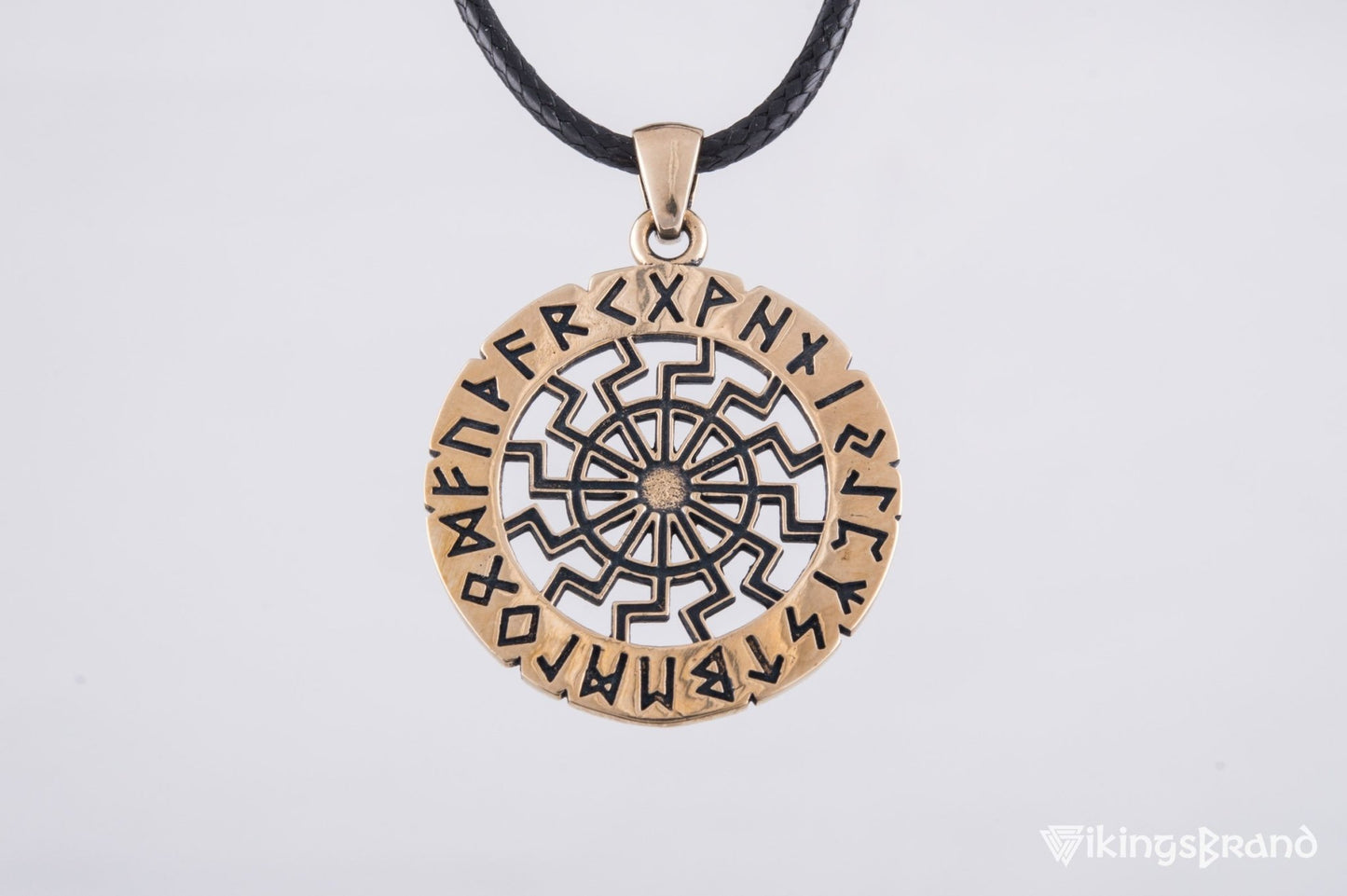 Vikings Black Sun Symbol with Elder Futhark Runes Bronze Pendant