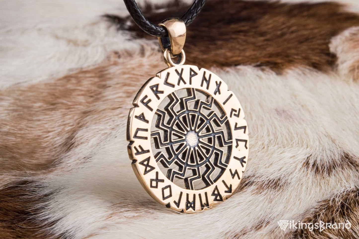 Vikings Black Sun Symbol with Elder Futhark Runes Bronze Pendant