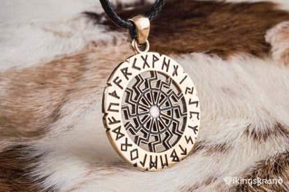 Vikings Black Sun Symbol with Elder Futhark Runes Bronze Pendant