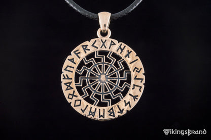 Vikings Black Sun Symbol with Elder Futhark Runes Bronze Pendant