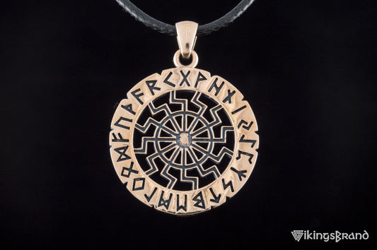 Vikings Black Sun Symbol with Elder Futhark Runes Bronze Pendant