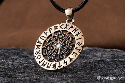 Vikings Black Sun Symbol with Elder Futhark Runes Bronze Pendant