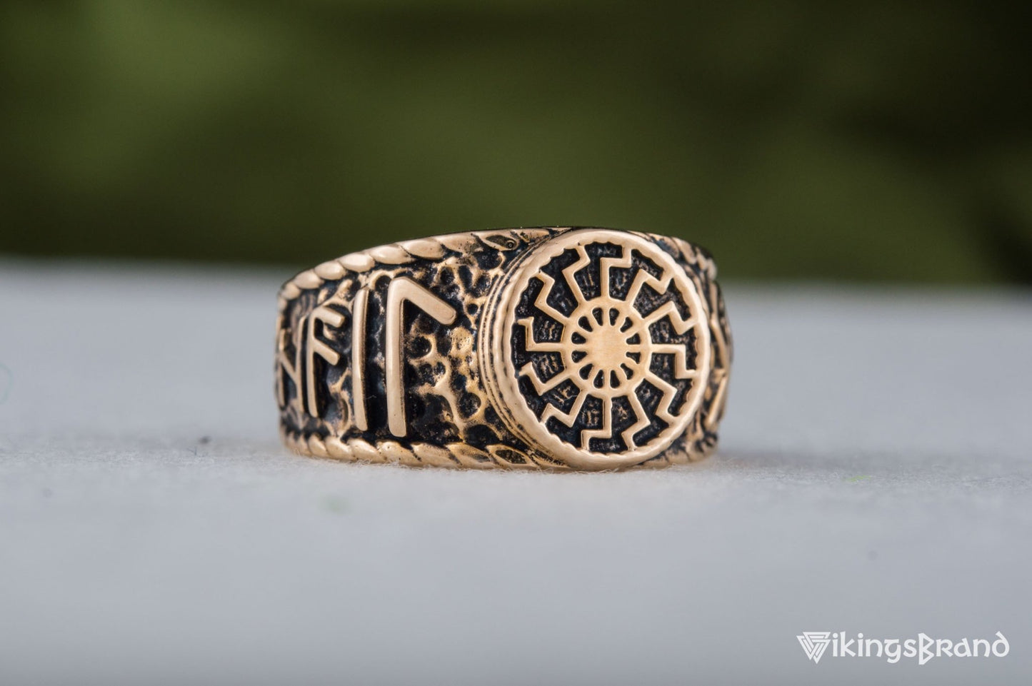 Vikings Black Sun Symbol with HAIL ODIN Runes Bronze Viking Ring