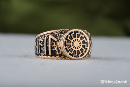 Vikings Black Sun Symbol with HAIL ODIN Runes Bronze Viking Ring