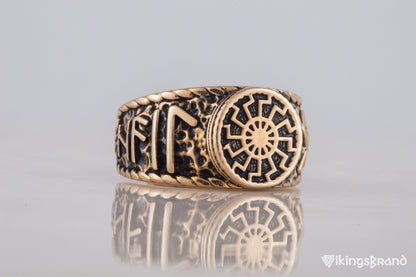 Vikings Black Sun Symbol with HAIL ODIN Runes Bronze Viking Ring