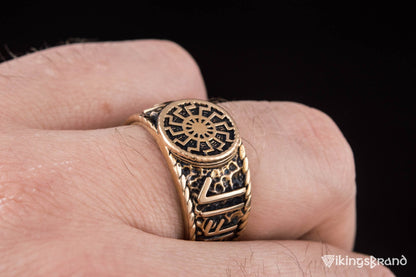 Vikings Black Sun Symbol with HAIL ODIN Runes Bronze Viking Ring