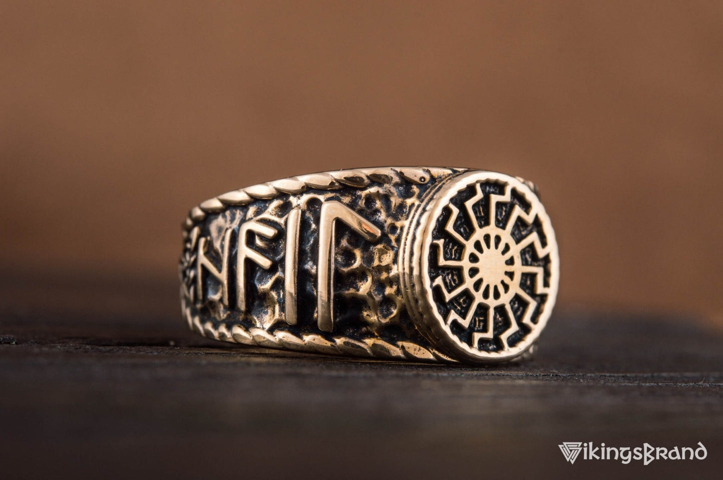 Vikings Black Sun Symbol with HAIL ODIN Runes Bronze Viking Ring