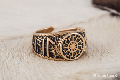 Vikings Black Sun Symbol with HAIL ODIN Runes Bronze Viking Ring
